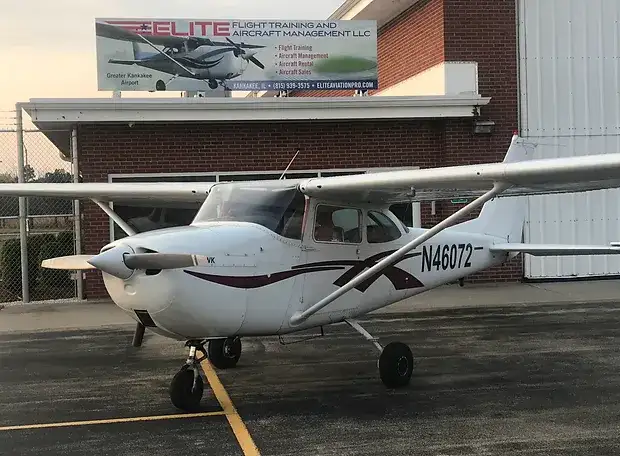 Elite Flight Training Cessna 172 parked at the airport by our flight school